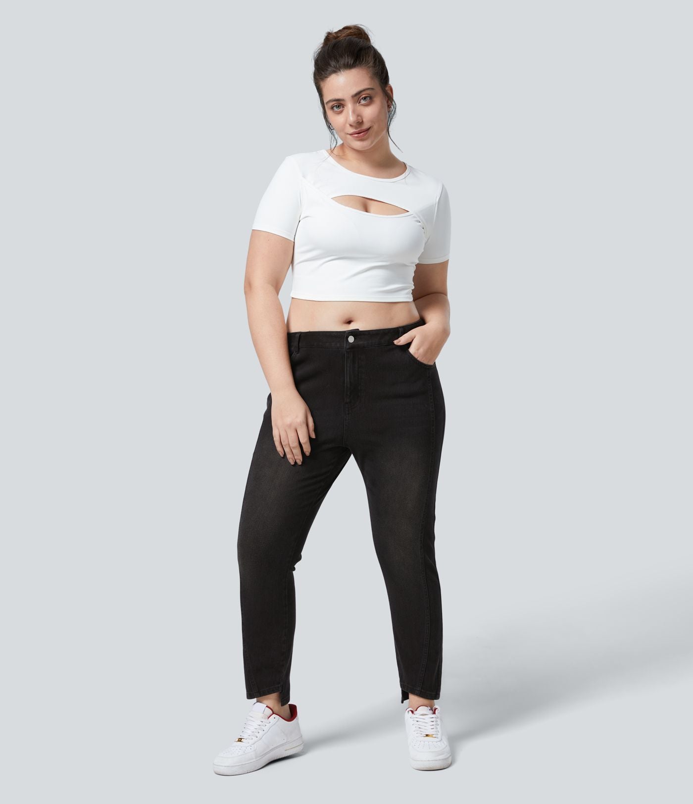 Halara Flex™ Jean Skinny Grande Taille Casual en Tricot Extensible Taille Mi-Haute avec Bouton et Fermeture Éclair et Plusieurs Poches