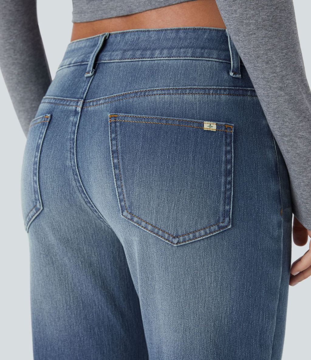 Jean bootcut délavé Halara Flex™ taille basse avec bouton, fermeture éclair et poches multiples