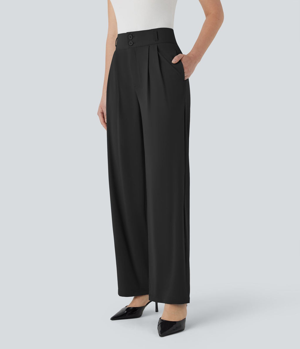 Pantalon de travail à taille haute avec boutons, fermeture éclair, poches latérales, fronces, jambe droite et effet frais InstantCool