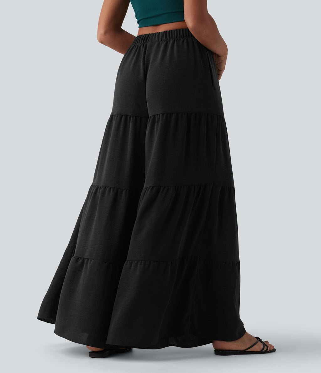 Pantalon large fluide taille haute aspect lin avec poches