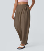 Pantalon tailleur ample, taille moyenne, coupe barrel, à poches