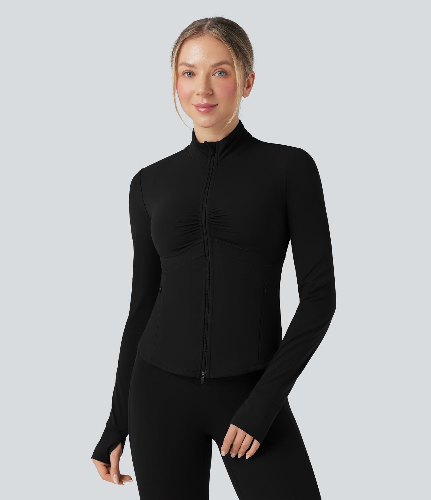 Veste de yoga Halara UltraSculpt™ col montant froncée push-up manches longues à trous pouces avec poches