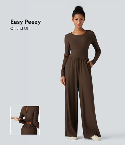 Combinaison côtelée corset col rond manches longues avec poches - Édition Easy Peasy