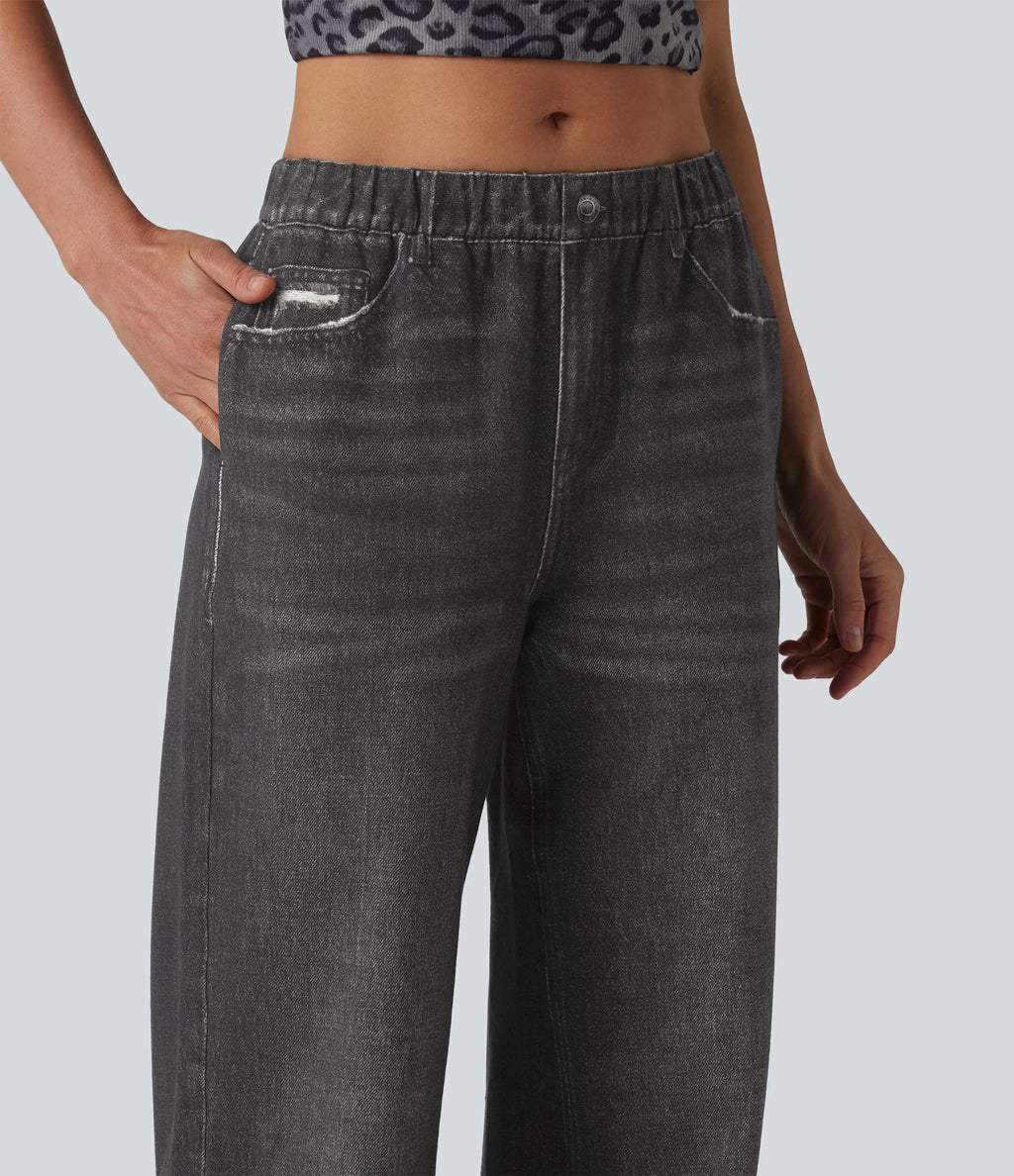 Jogging jean décontracté en molleton French Terry imprimé denim taille mi-haute avec poches