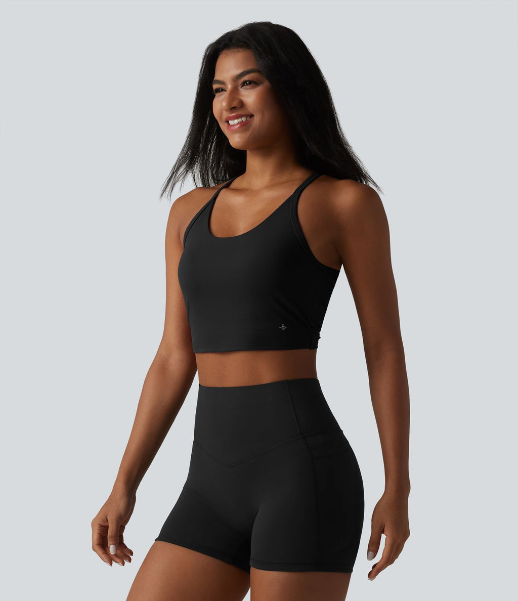 Débardeur de yoga SoftlyZero™ en peluche douce, dos torsadé découpé, col en U et soutien-gorge intégré