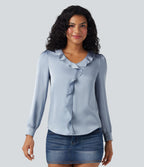 Chemise décontractée en satin col V manches longues à finitions volants