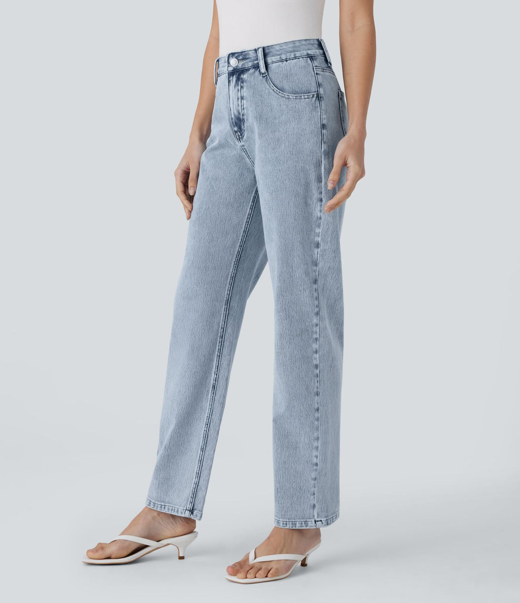 Halara Flex™ Jean droit extensible à taille haute avec bouton, fermeture éclair et poches multiples