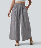 Pantalon casual baggy à carreaux taille haute avec poches