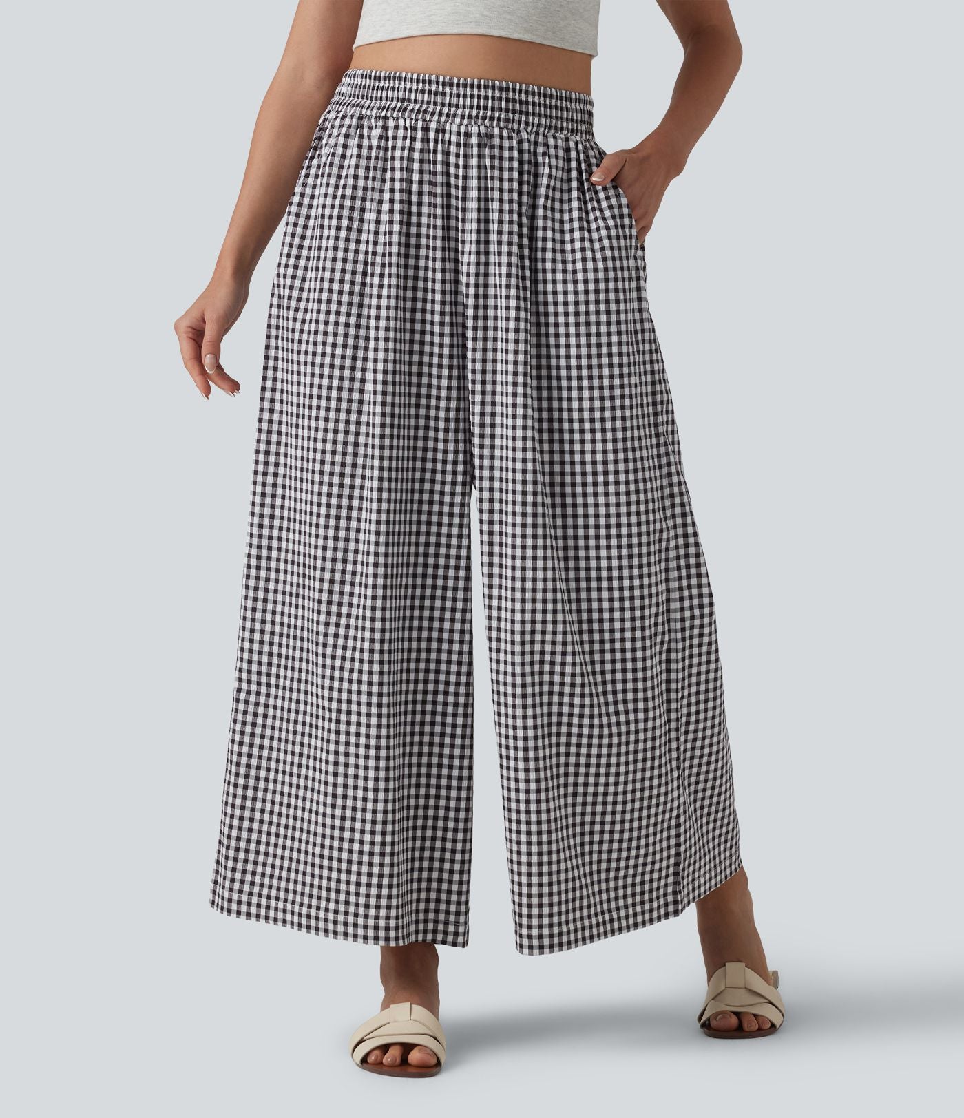 Pantalon casual baggy à carreaux taille haute avec poches