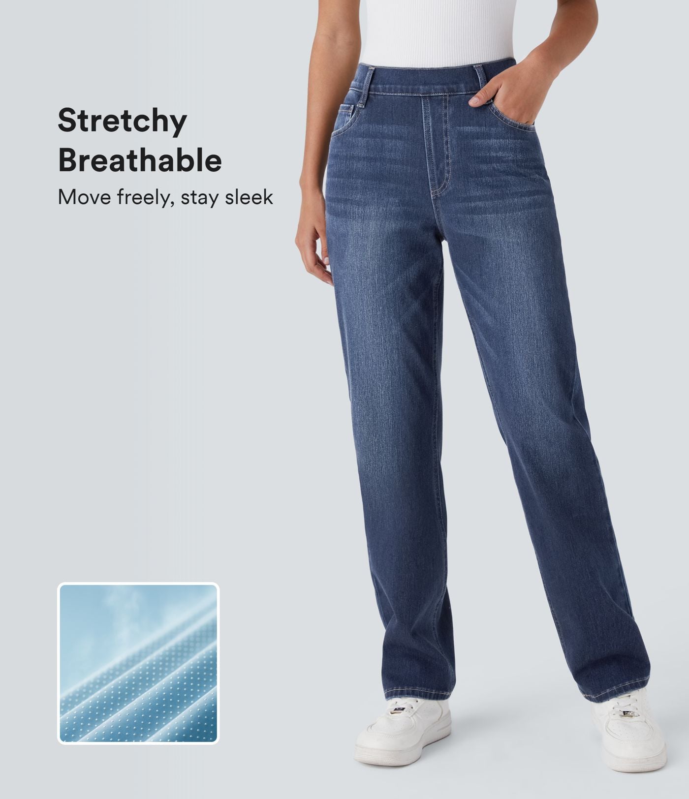 Jean droit Halara Flex™ à taille haute, poches multiples, effet délavé et tissu extensible