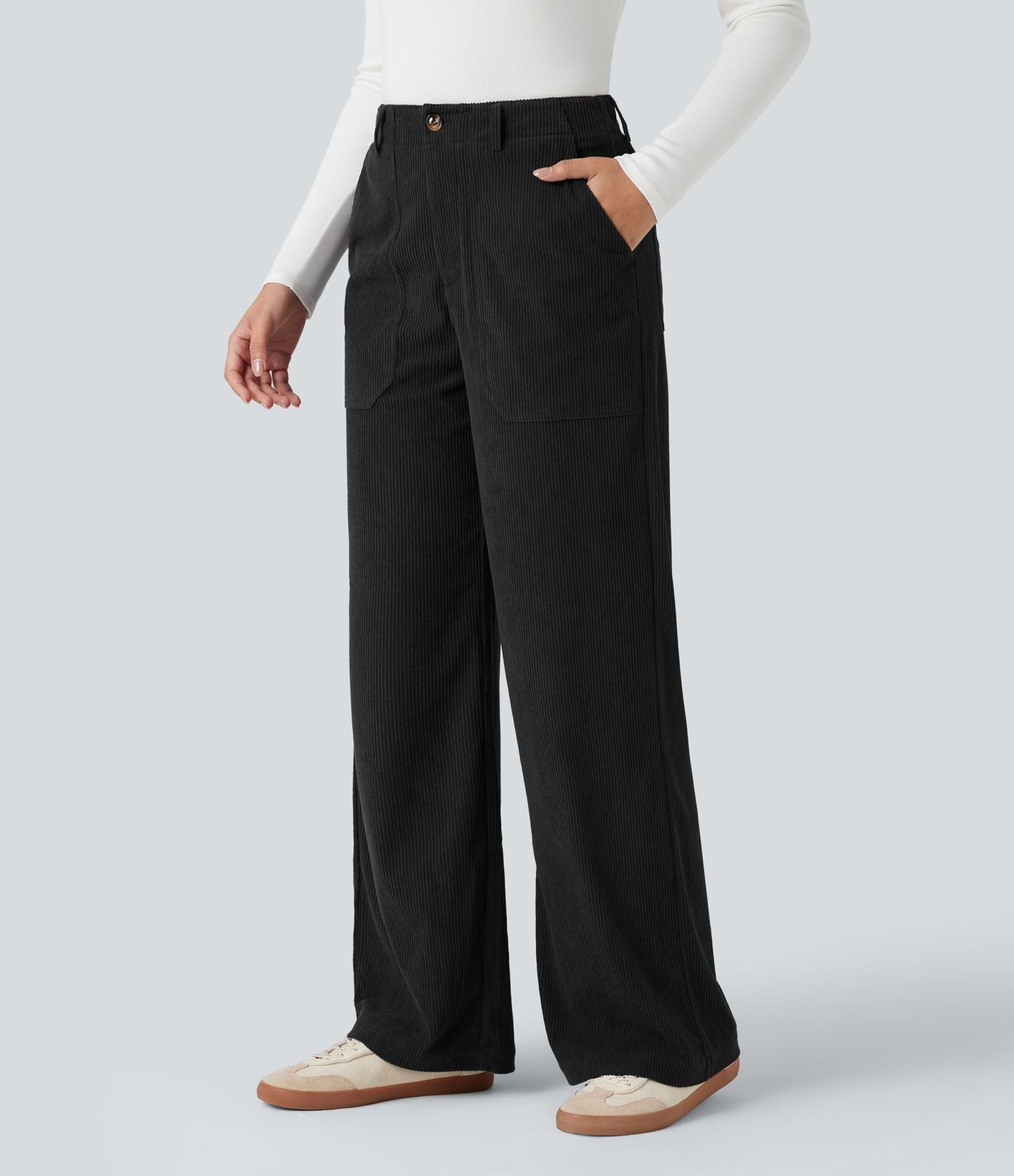 Pantalon décontracté large en velours côtelé, taille haute, avec poches