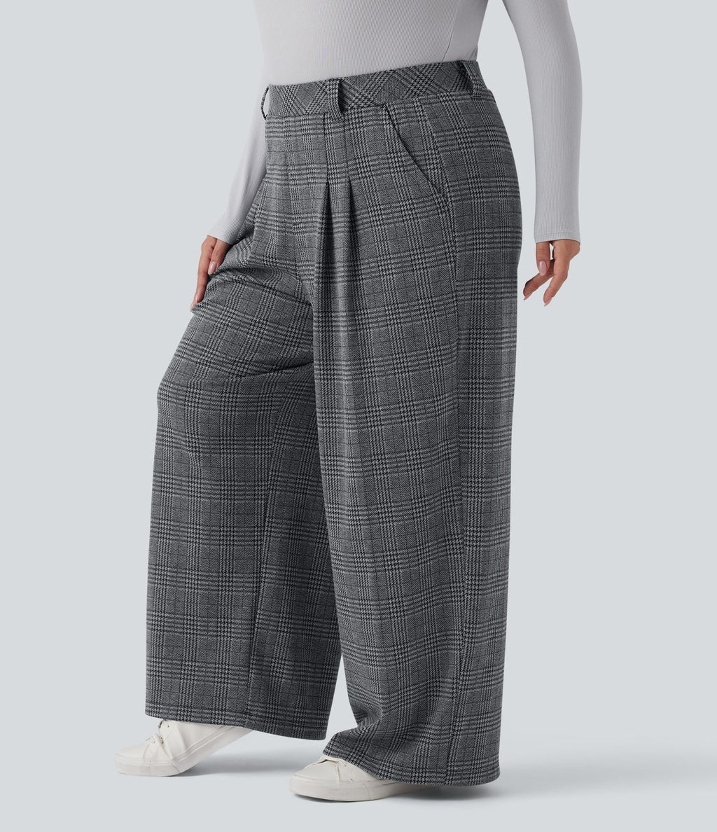Pantalon décontracté grande taille large taille haute à carreaux pied-de-poule avec poches
