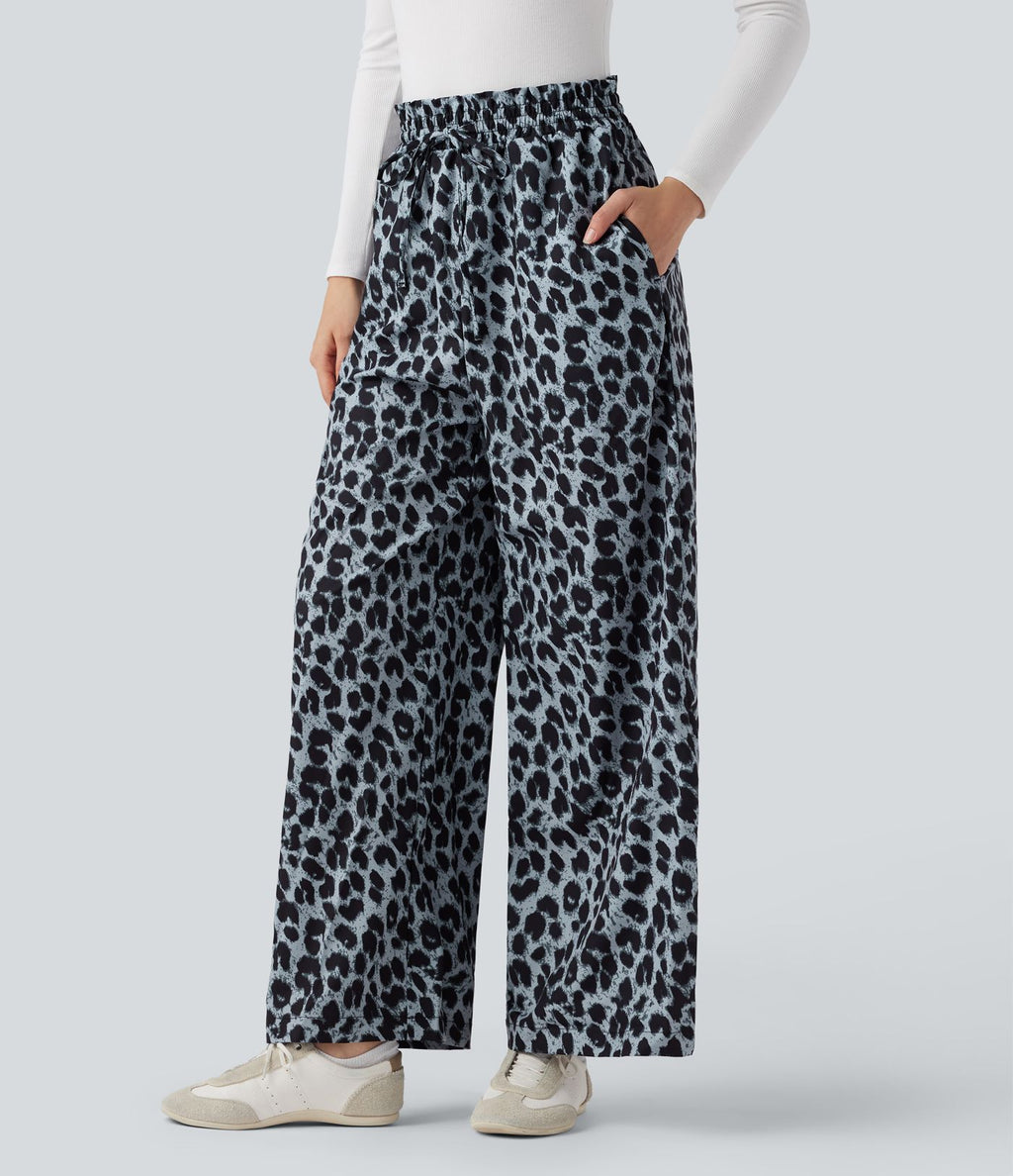 Pantalon large et fluide à imprimé léopard, taille haute avec cordon de serrage et poches latérales