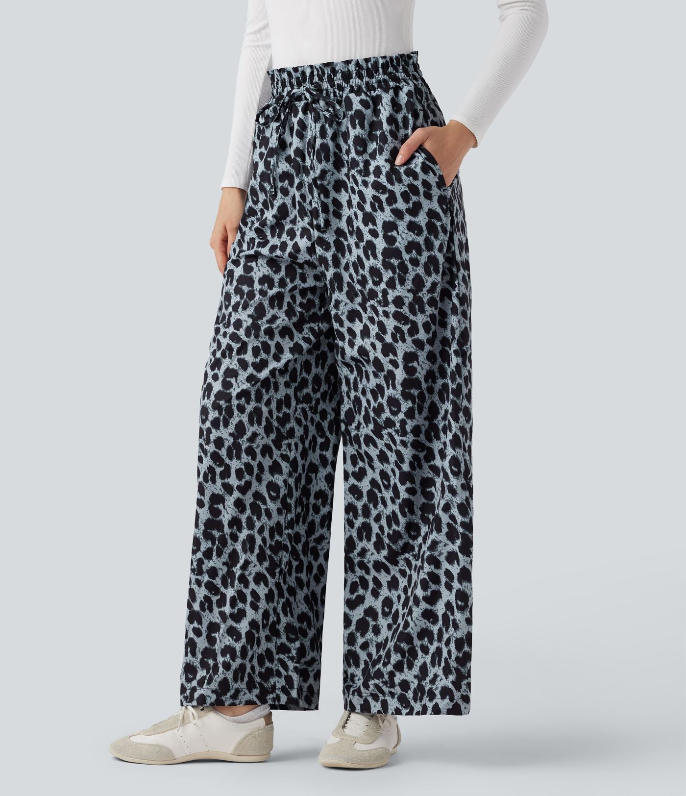 Pantalon large et fluide à imprimé léopard, taille haute avec cordon de serrage et poches latérales