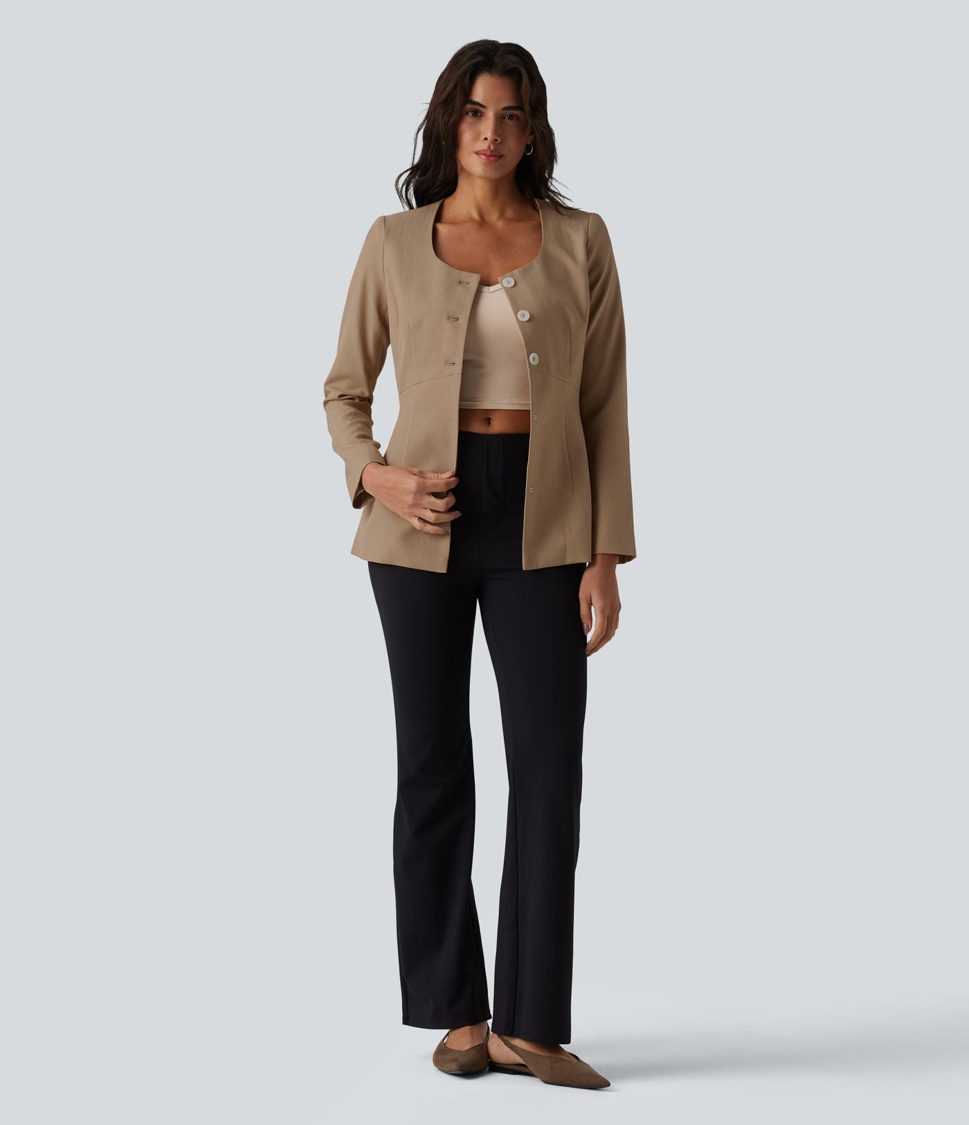 Blazer tailleur infroissable col U manches longues aspect lin