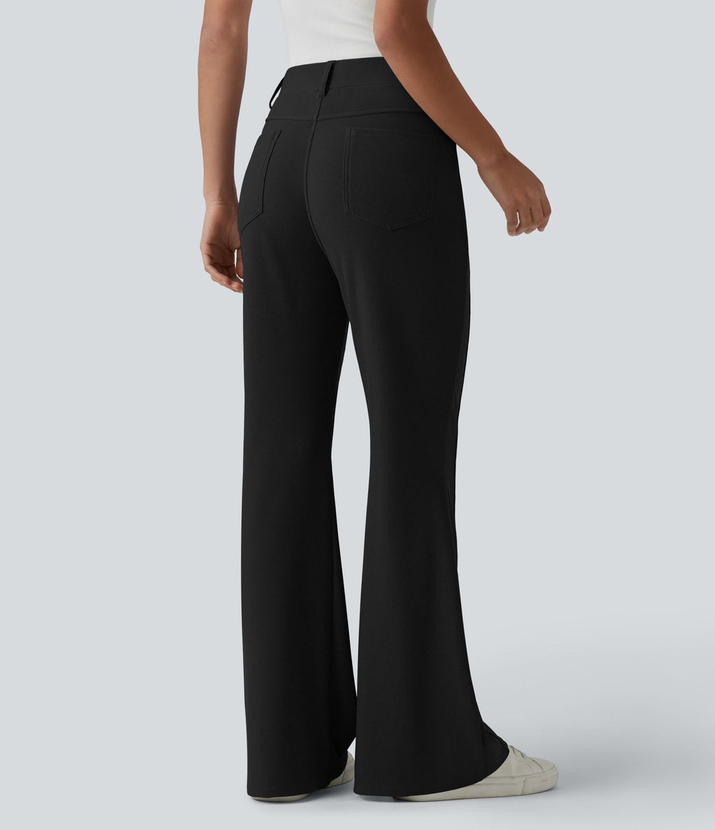 Pantalon décontracté bootcut taille haute en tissu micro-gaufré avec poches