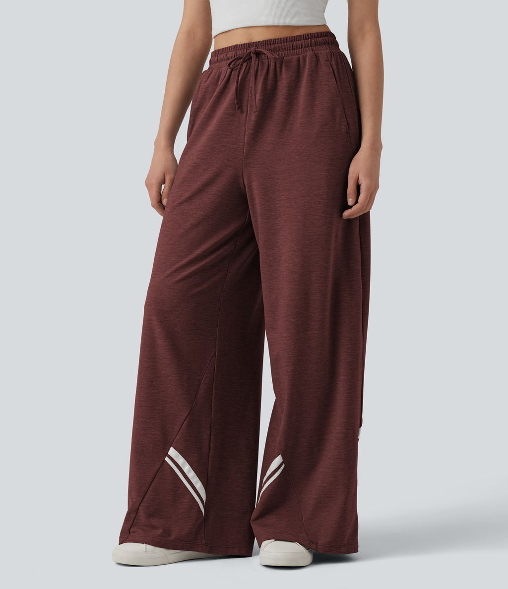 Pantalon large décontracté color block taille haute avec cordon de serrage et poches