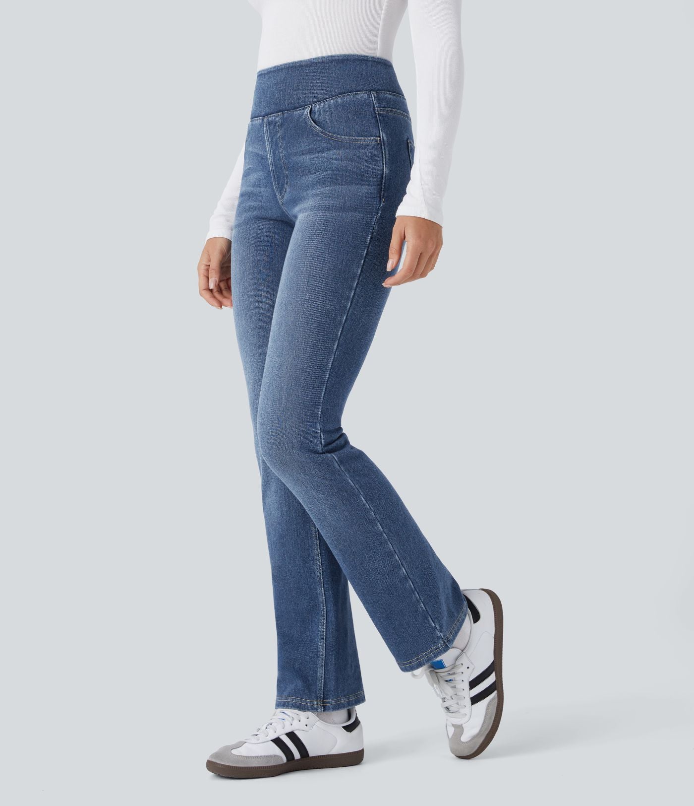 Halara Flex™ Jean évasé casual délavé en molleton taille haute avec poches