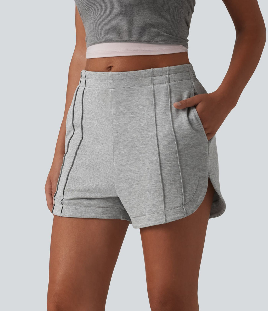 Short casual taille mi-haute à plis piqués, ourlet arrondi et poches, 7,5 cm