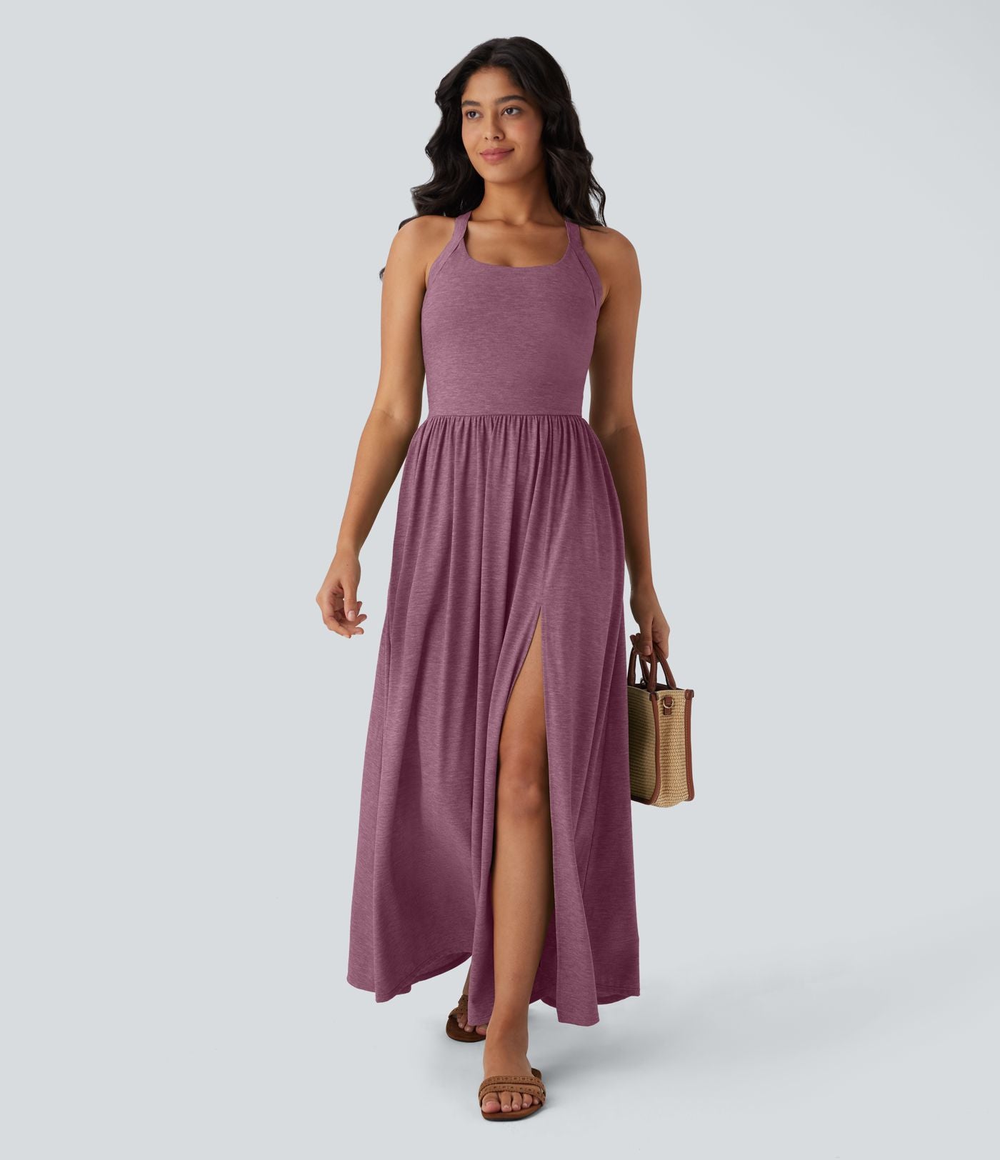 Robe longue fluide fendue avec poches latérales, dos nu et effet torsadé