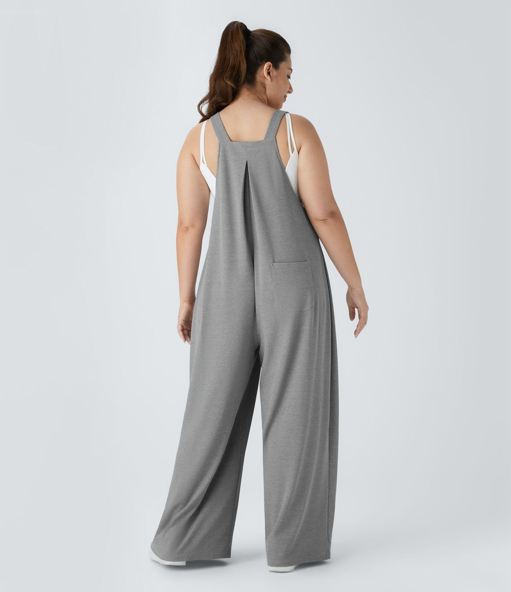 Salopette Casual Grande Taille en Gaufré avec Bretelles Ajustables Boutons et Poches Multiples