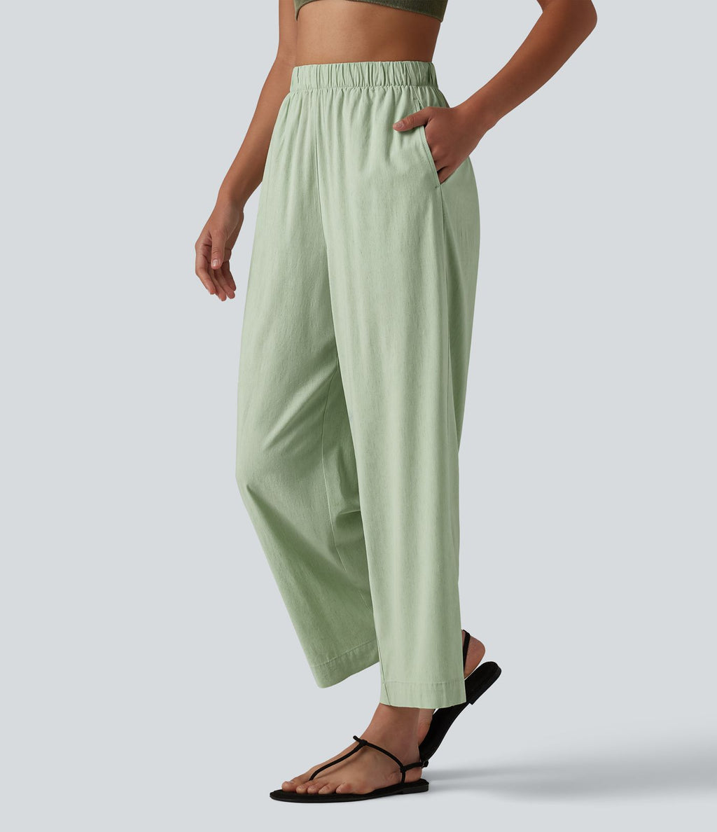 Pantalon casual 7/8 aspect lin stretch coupe droite taille haute avec poches