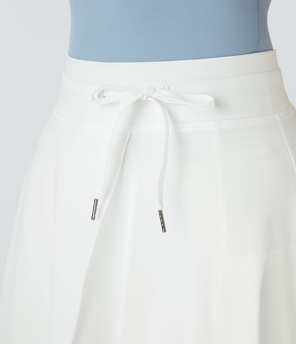 Jupe Casual Évasée Mesh Mi-Longue Fuide 2 en 1 Contrastée Taille Haute Cordon Poche Latérale