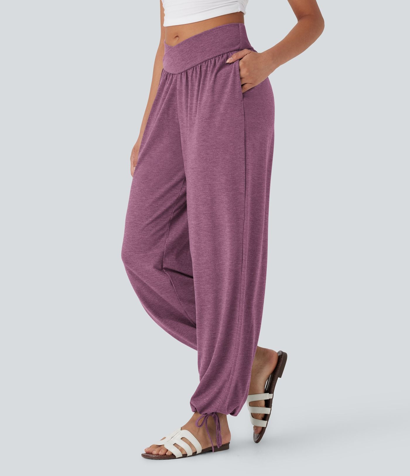 Pantalon de jogging décontracté à taille haute croisée avec poches latérales et cordon de serrage