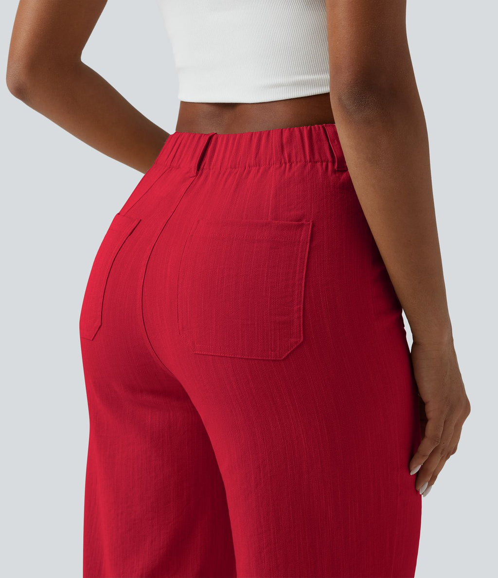 Pantalon taille haute coupe droite effet lin avec poches