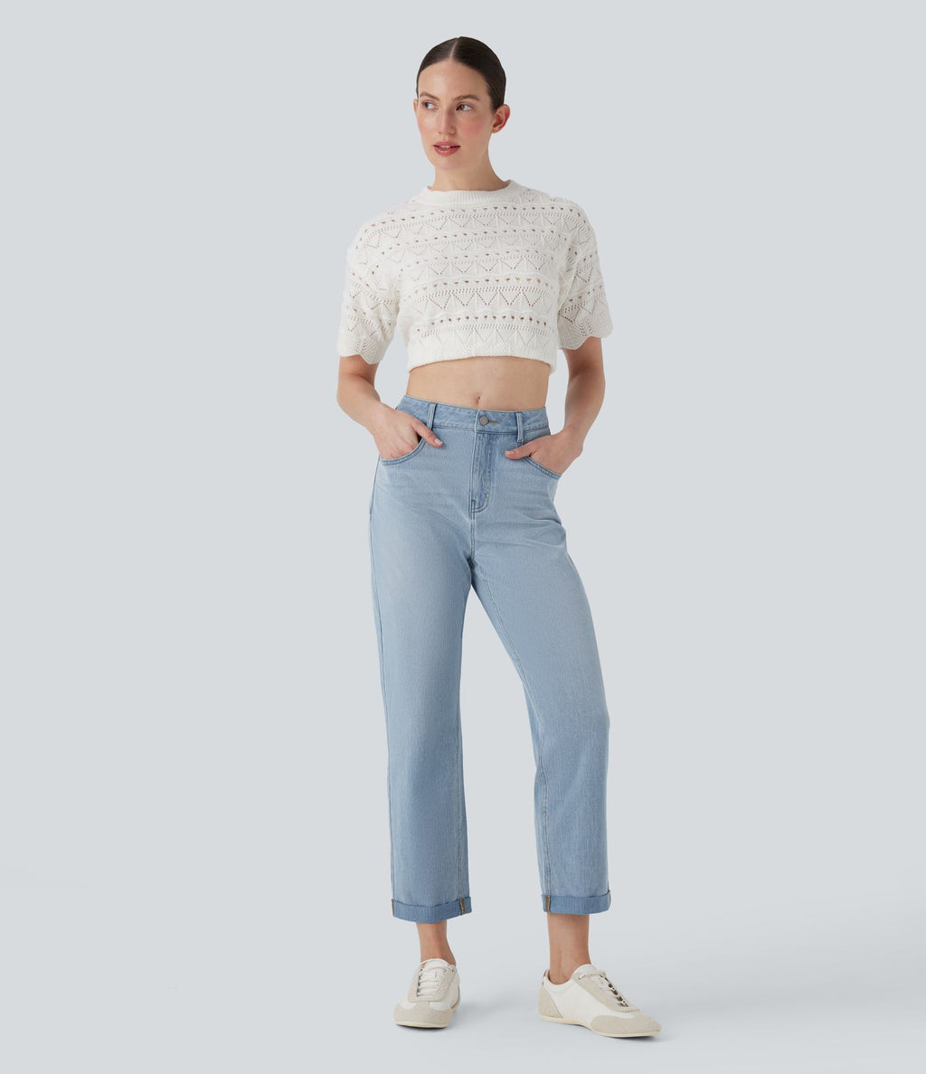 Jean 7/8 décontracté délavé taille mi-haute à jambe droite Halara Flex™ avec poches