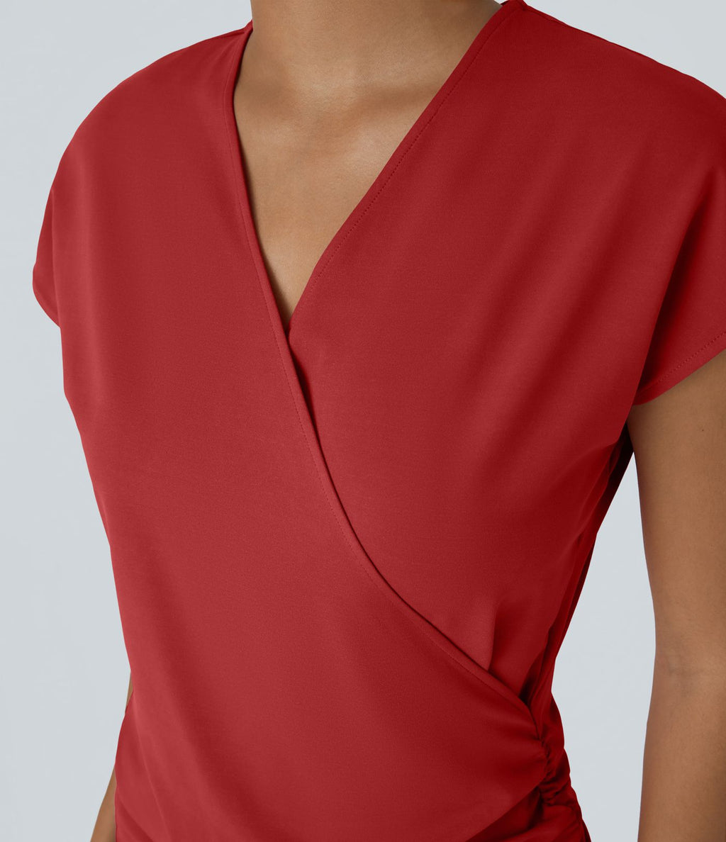 Blouse Travail Unie Froncée Croisée Manches Courtes Col en V