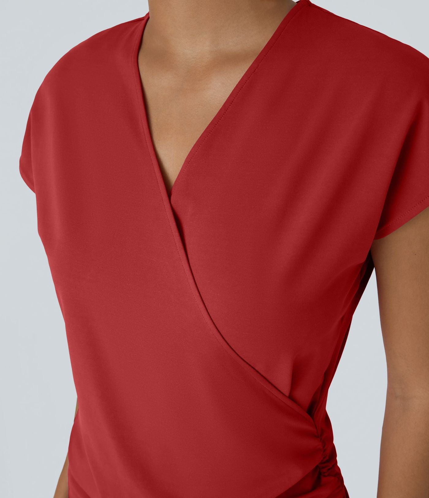 Blouse Travail Unie Froncée Croisée Manches Courtes Col en V