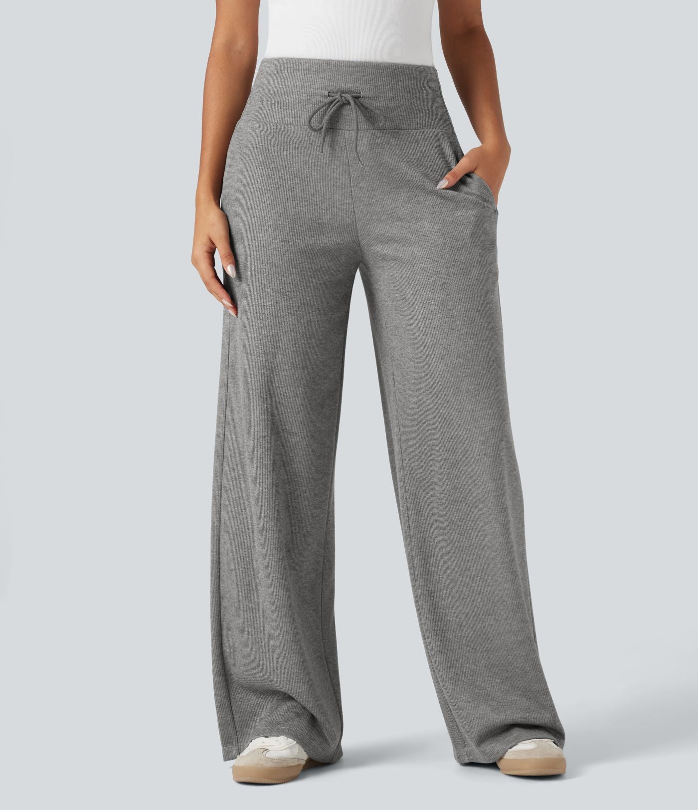 Pantalon jogging large décontracté côtelé gainant taille haute avec cordon de serrage et poches