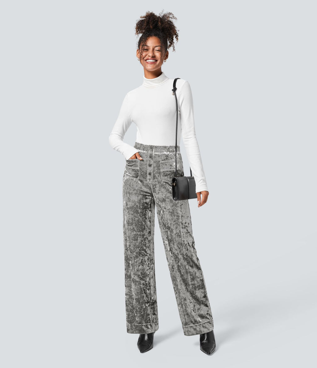 Pantalon en Velours Taille Haute avec Bouton Multipoches Droites