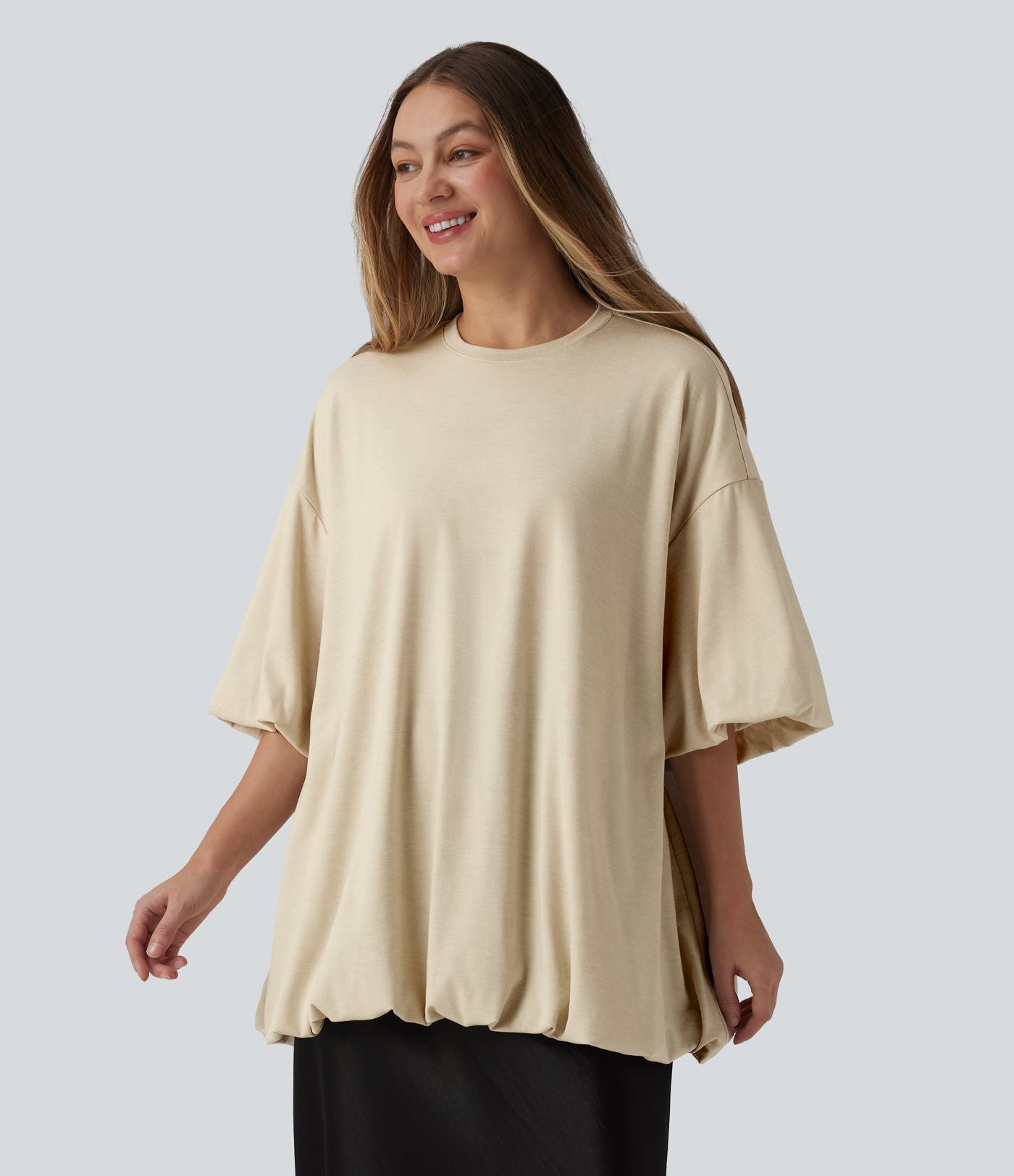 Top casual oversize col rond à manches mi-longues et ourlet boule