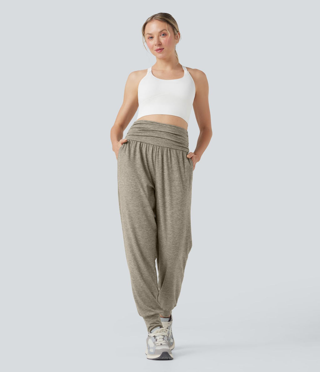 Jogging taille haute froncé chiné avec poches