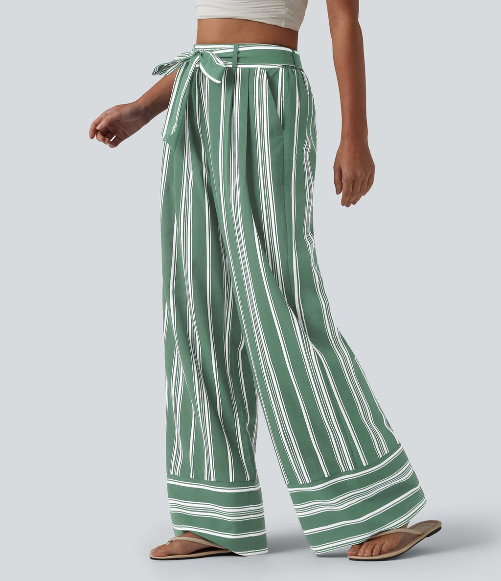 Pantalon large taille haute à rayures avec ceinture et poches