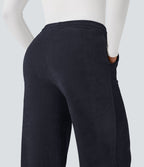 Pantalon chenille gaufré coupe droite taille mi-haute avec poches