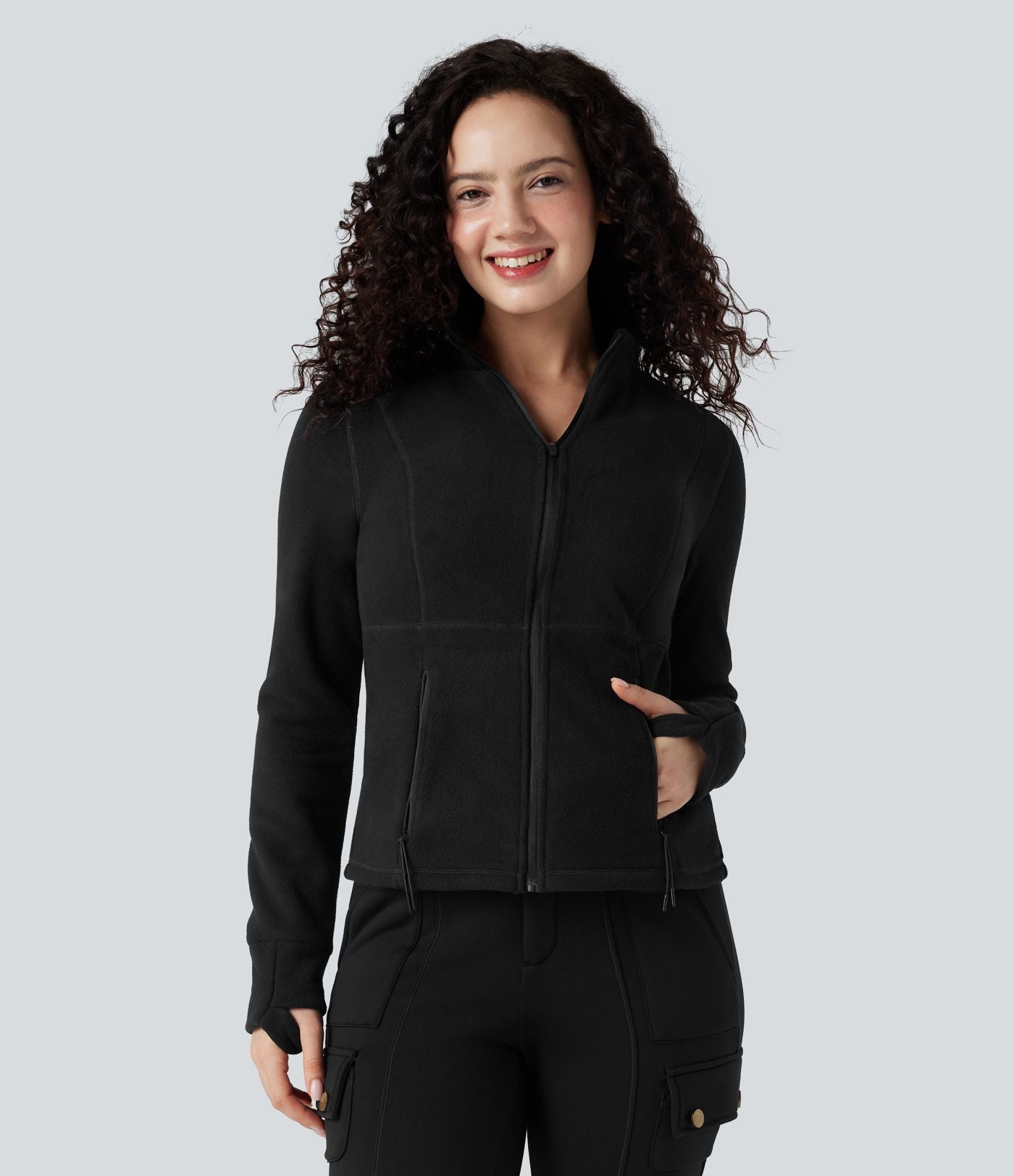 Veste randonnée col cheminée manches longues avec trous pour pouces et poches