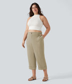 Pantalon de villégiature capri effet lin, grande taille, taille haute, avec poches