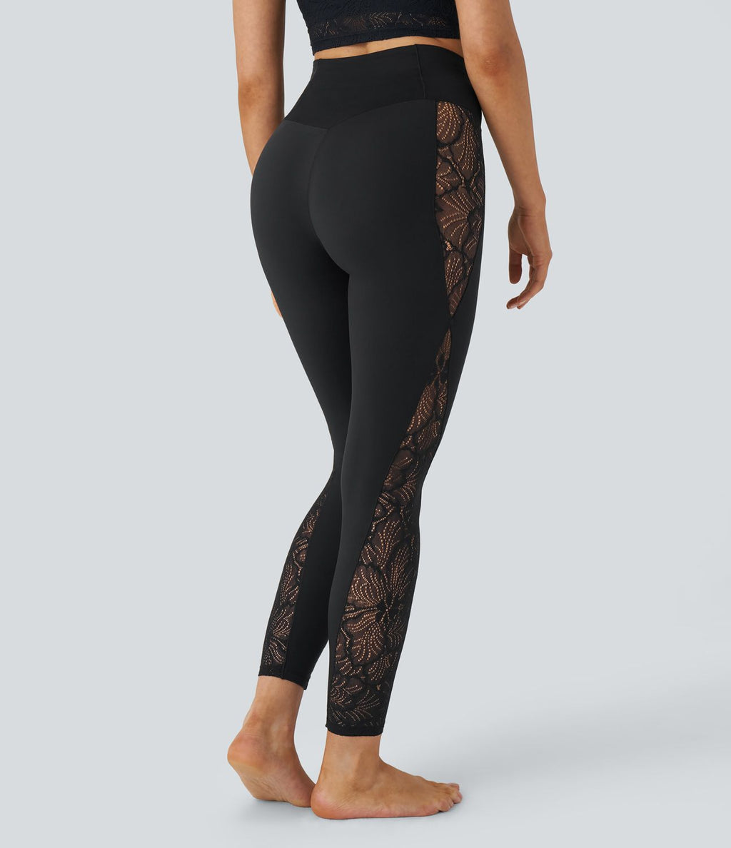 Legging de yoga Softlyzero™ taille haute avec design croisé, dentelle contrastée, sous-vêtement intégré, poche et protection UPF50+