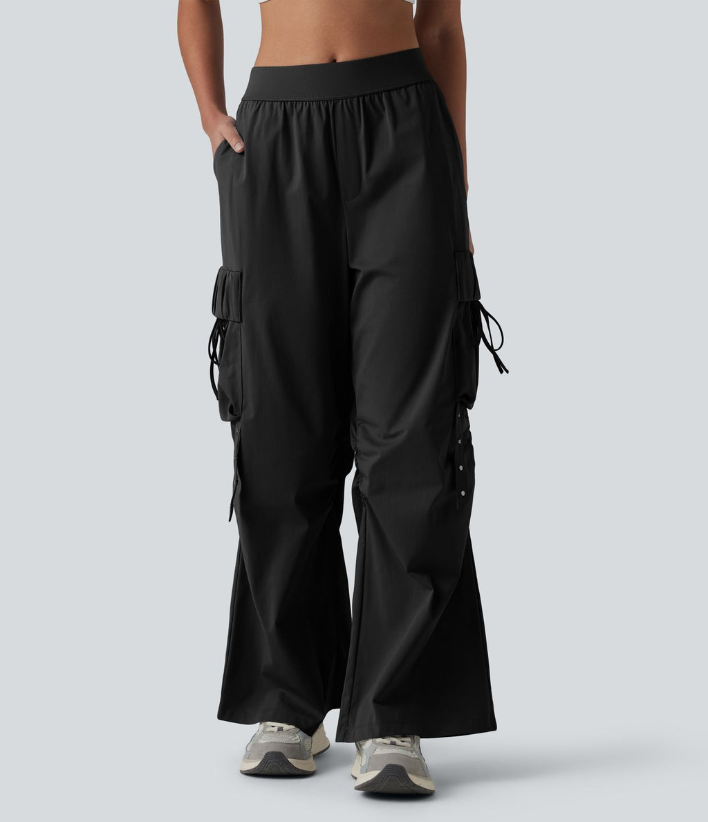 Pantalon cargo bootcut de sport taille mi-haute avec fronces et liens et poches