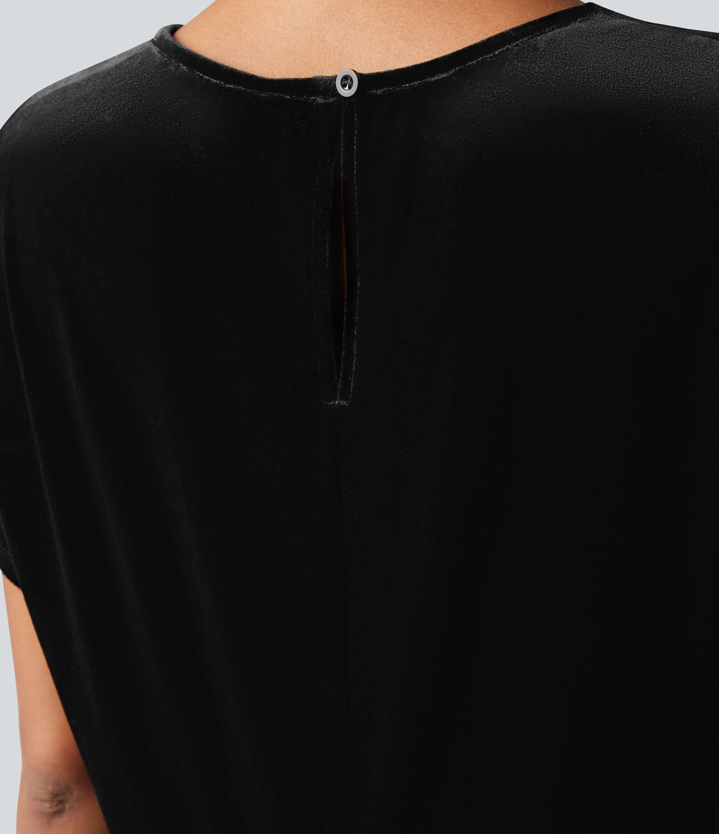 Combinaison tailleur velours col rond manches courtes avec poches