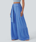Pantalon danse large fluide taille haute smocké nœuds devant et dos