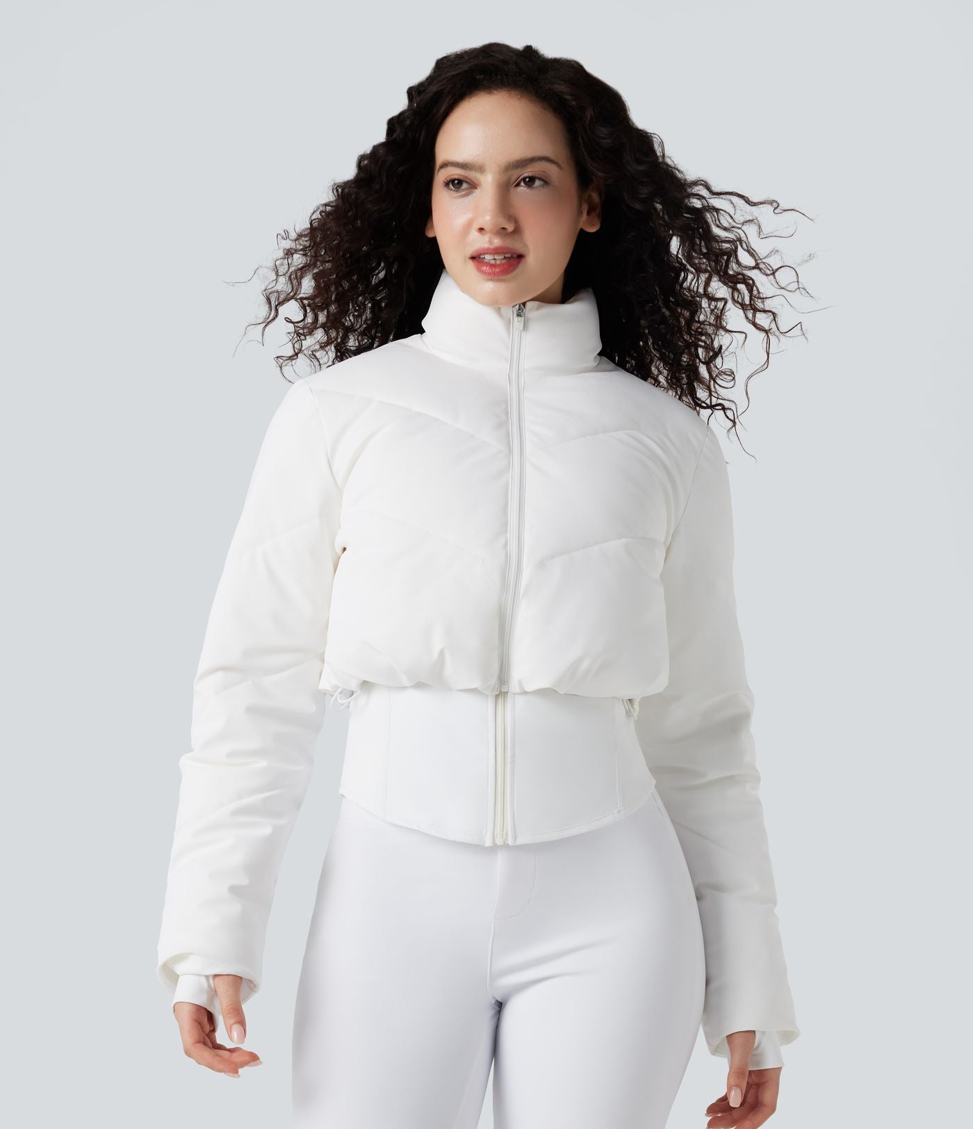 PuffFlex Manteau doudoune 3-en-1 court casual à col montant et veste à ourlet arrondi avec passants pouces et poche