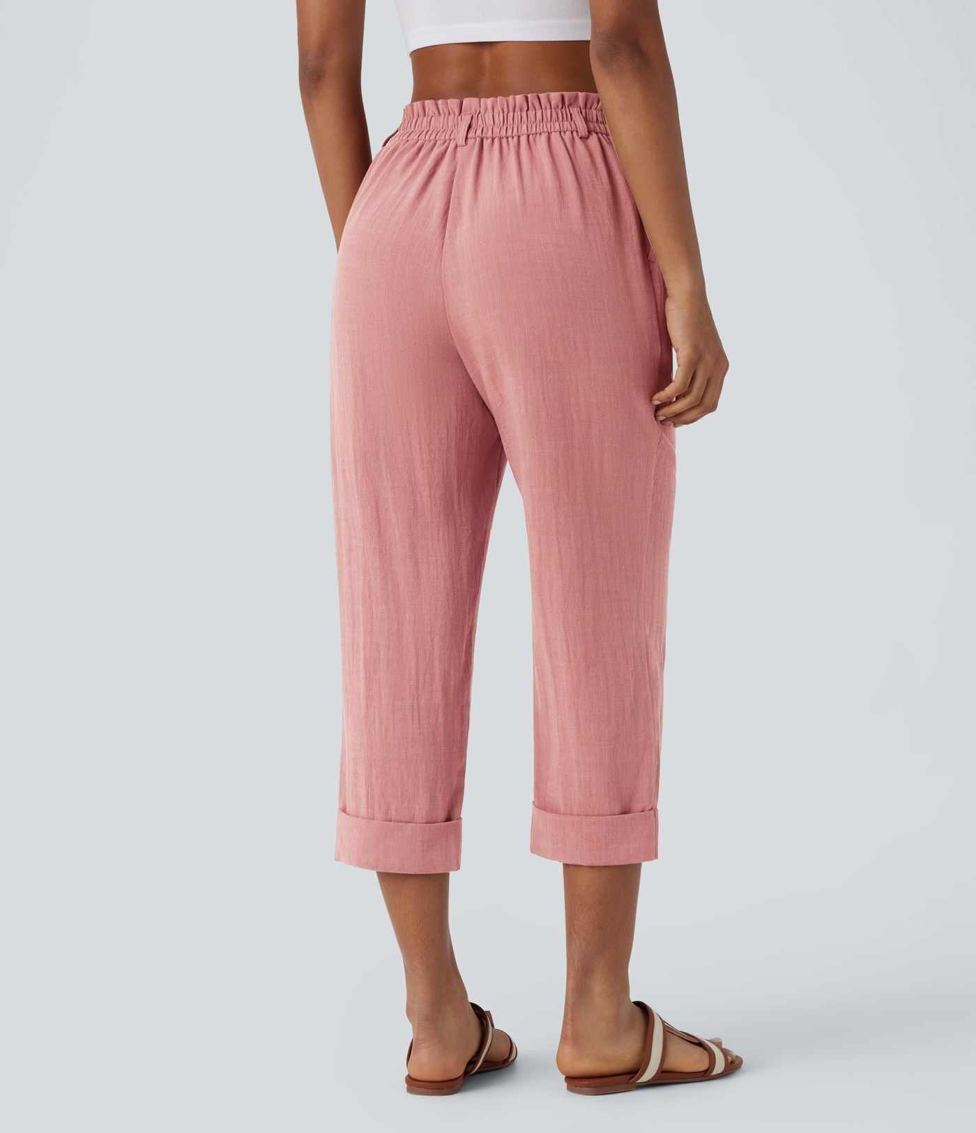 Pantalon capri effet lin taille haute avec poches zippées