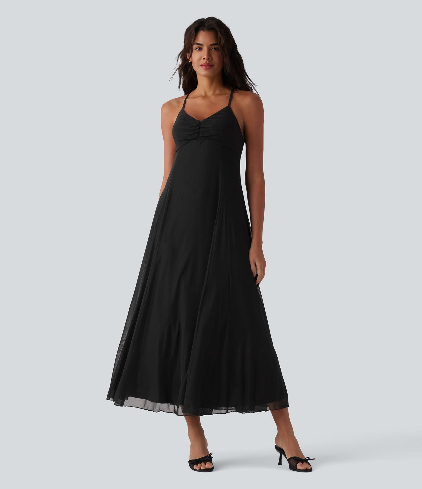 Robe longue fluide dos croisé avec superposition mesh pour demoiselle d'honneur et invitée mariage