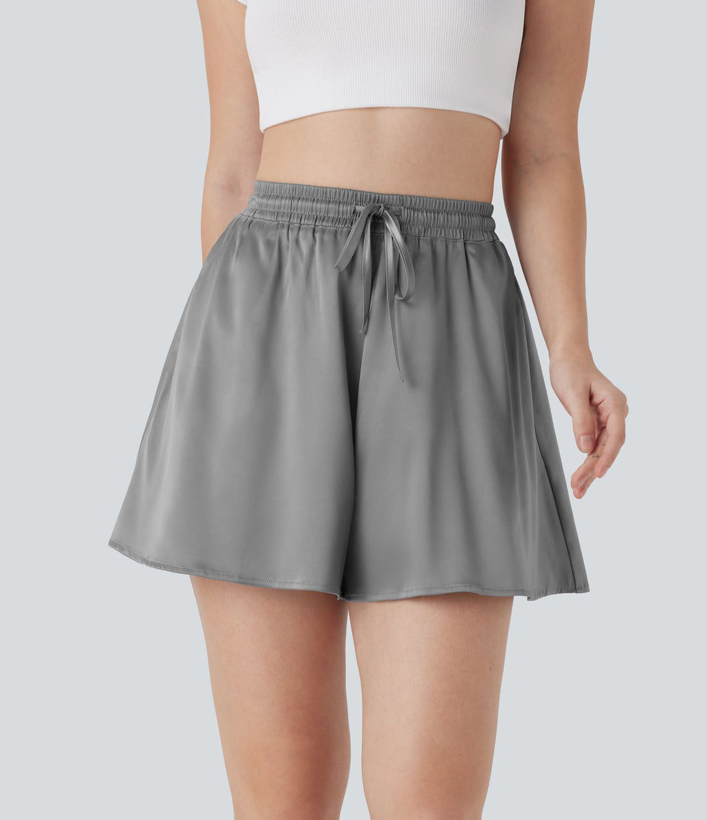 Short décontracté ample en satin à taille haute avec cordon de serrage et poches latérales