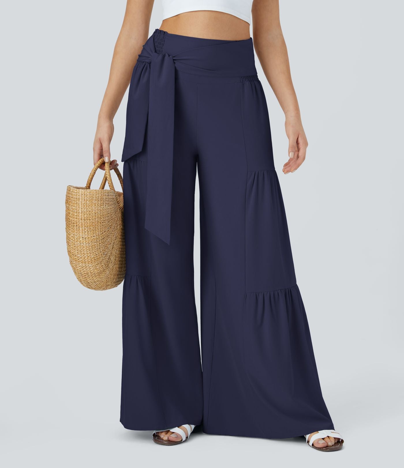 Breezeful™ Pantalon Large Casual Taille Haute Froncé à Nouer Devant et Dos Fluide Séchage Rapide