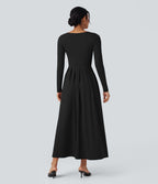 Robe longue décontractée évasée col rond plongeant manches longues avec poches